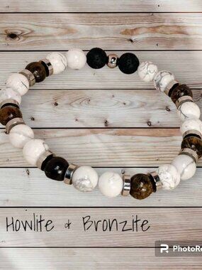 The Volcanic Oasis Mens 8mm White Howlite Bronzite Lava Rock Bracelet